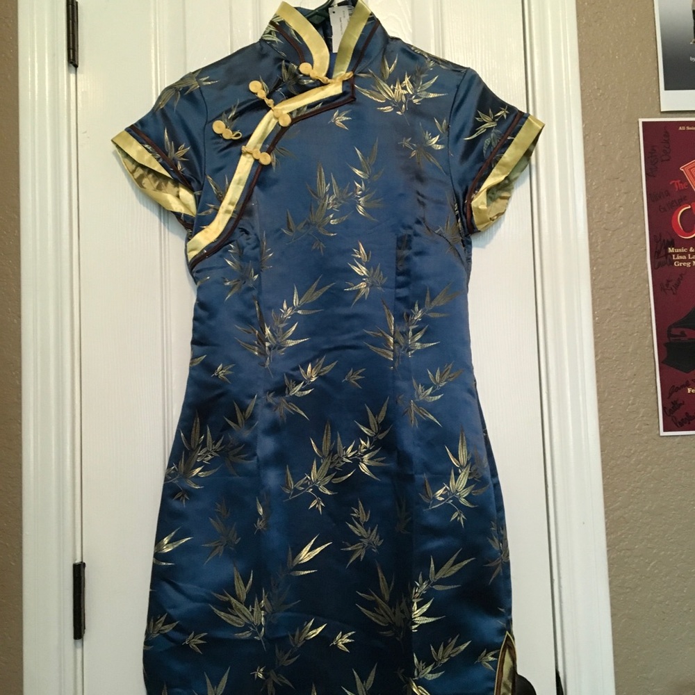 girls blue with gold leaves chinese style dress